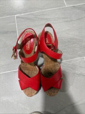 MICHAEL Michael Kors Red Leather Cork Wedge Sandals
